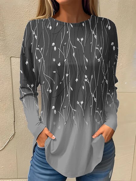 Casual Floral Crew Neck T-Shirt, Long sleeves, Lilicloth.com