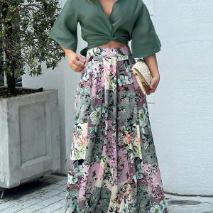 2 Pieces Outfit Overlap Deep V-Neck Twist Front Tie Back Stretchy Hem Crop Top and Floral Print Zipper Back Pleated Wide Leg Pants Set, women Two-piece Sets, ChicMe catalog
