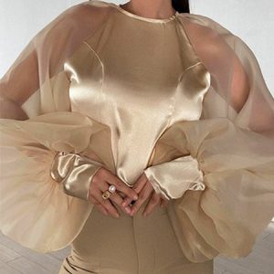 Regular Fit Elegant Long Sleeve Crew Neck Top, Blouses and Shirts, color:Champagne|size:XXL, Stylewe