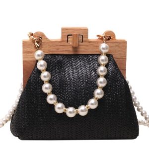 Vacation Straw Clutch Faux Pearl Decor Strap Twist Lock Crossbody Bag, Bags, color:Black|size:One-size, Stylewe