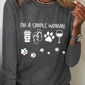 Women's I'm A Simple Dog Lover Print Simple Crew Neck Dog Long Sleeve Shirt, Long sleeves, Lilicloth.com