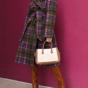 Plaid Regular Fit Urban Lapel Collar Coat With Belt, Coats, color:As Picture|size:XXL, Stylewe