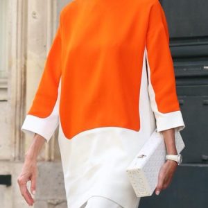 Daily Casual Crew Neck Color Block Three Quarter Sleeve Shirt, Blouses and Shirts, color:Orange|size:XXL, Stylewe