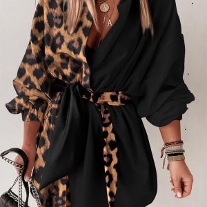 Leopard Print Lantern Sleeve Belted Shirt Dress, Shirt Dresses, chicme - Women's Fashion Online