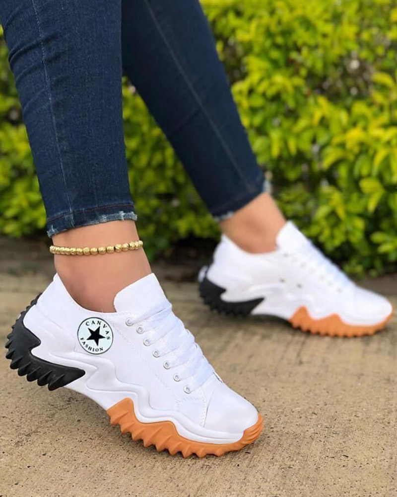 Eyelet Lace-up Contrast Paneled Muffin Sneakers, Sneakers, chicme - Women's Fashion Online