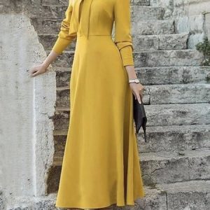 Regular Fit Elegant Plain Long Sleeve Maxi Dress, Maxi Dresses, color:Yellow|size:XXL, Stylewe