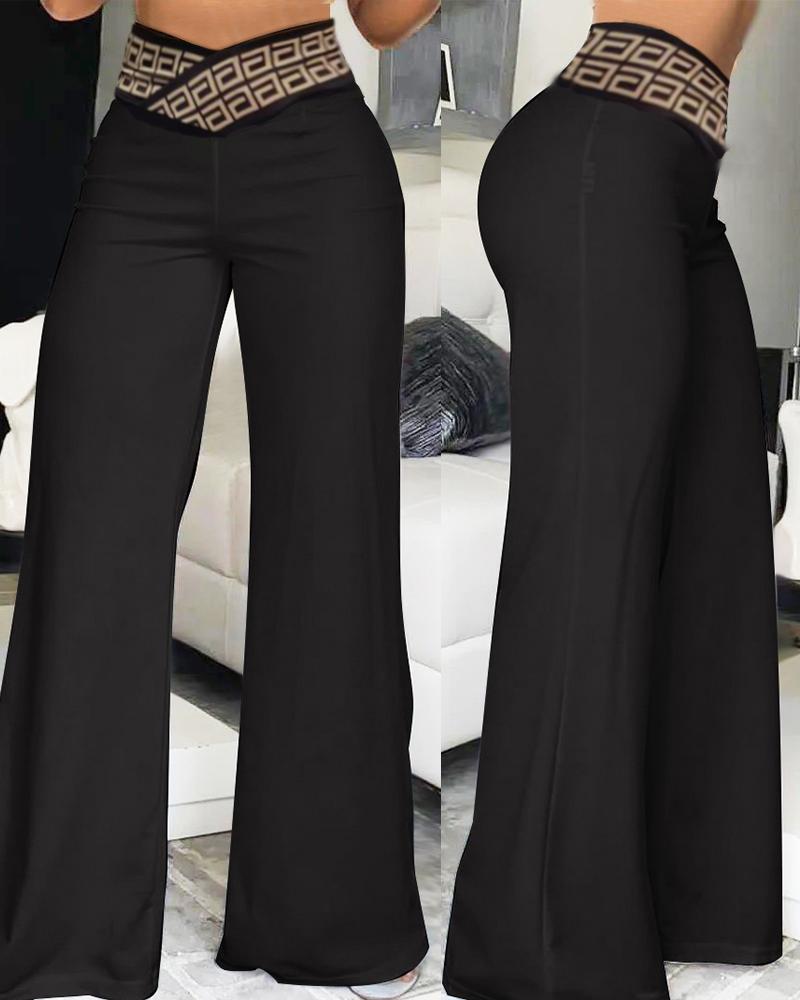 Geo Tape Patch Overlap Waist Wide Leg Bootcut Pants, Pants, chicme - Women's Fashion Online