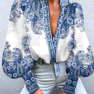 Urban Shirt Collar Long Sleeve Paisley Loose Blouse, Blouses and Shirts, color:Blue|size:XXL, Stylewe