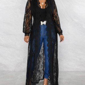 Crochet Lace Scallop Trim Longline Coat, Jackets & Coats, chicme - Women's Fashion Online