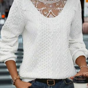 Casual Crew Neck Plain Sweatshirt Lace, Hoodies & Sweatshirts, color:White|size:XXL, Noracora