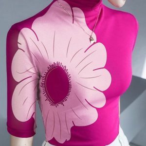 Half Sleeve Elegant Tight Turtleneck Floral T-Shirt, Tees, color:Deep Pink|size:XXL, Stylewe