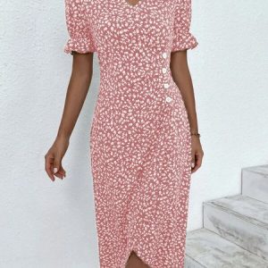 Women Vacation Floral Print V Neck Button Dress, Midi, color:Pink|size:XXL, catalog Noracora shop