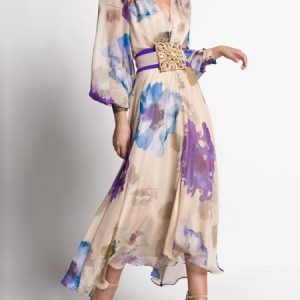 Elegant V Neck Vacation Floral Regular Fit Dress, Midi Dresses, color:As Picture|size:XXL, Stylewe