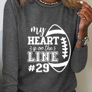 My heart is on the line American Football Regular Fit Crew Neck Casual Long Sleeve Shirt, Long sleeves, Lilicloth.com