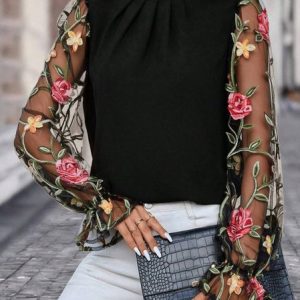 Crew Neck Long Sleeve Floral Mesh Regular High Elasticity Loose Shirt For Women, Blouses, color:Black|size:XXL, Noracora
