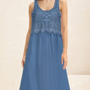 Women Cotton Plain Crew Neck Gallus Comfy Casual Lace Demin Short Dress, Dresses, color:Blue|size:XXL, Noracora