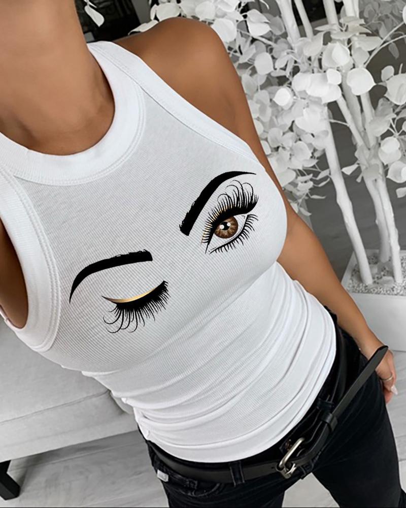 Eyelash Print O-neck Sleeveless Tank Slim Fit Ribbed Tank Top, women Tanks & Crop Tops, ChicMe catalog - Image 3