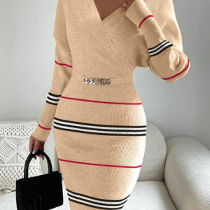 High Elasticity Elegant V Neck Long Sleeve Tight Striped Sweater Midi Dress, Midi Dresses, color:As Picture|size:XXL, Stylewe