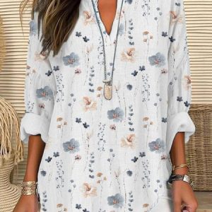 Notched Long Sleeve Floral Regular Loose Shirt For Women, Blouses, color:White|size:XXL, Noracora