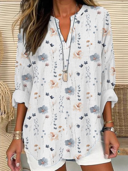 Loose Floral Notched Casual Shirt, Blouses & Shirts, Roselinlin - Online Catalog