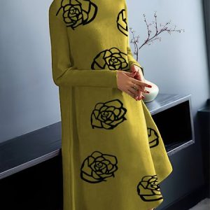 Long Sleeve Loose Elegant Half Turtleneck Dress, Midi Dresses, color:Yellow|size:XXL, Stylewe