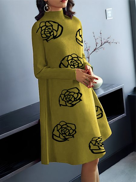 Long Sleeve Loose Elegant Half Turtleneck Dress, Midi Dresses, color:Yellow|size:XXL, Stylewe