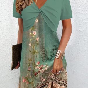 Women Ethnic V Neck Short Sleeve Comfy Casual Short Dress, Vacation Dresses, color:Green|size:XXL, Noracora