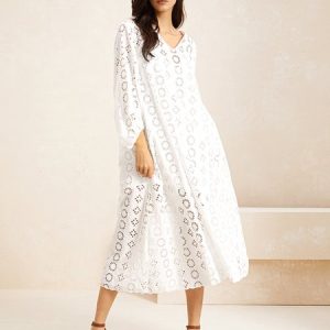 Women Plain V Neck Half Sleeve Comfy Casual Lace Maxi Dress, Dresses, color:White|size:XXL, Noracora