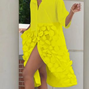 Elegant Loose Plain Shirt Dress, Mini Dresses, color:Yellow|size:XXL, Stylewe