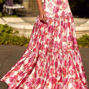 Boho Floral H-Line Natural Maxi Skirt, Skirts, color:Pink|size:XXL, Noracora