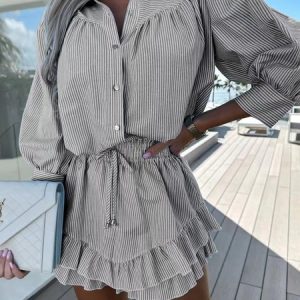 Women Striped Shirt Collar Three Quarter Sleeve Comfy Casual Top With Pants Two-Piece Set, Sets, color:Gray|size:XXL, Noracora