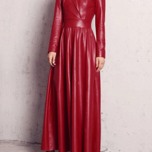 PU Regular Fit Plain Elegant Stand Collar Long Sleeve Faux Leather Maxi Dress, Maxi Dresses, color:Red|size:XXL, Stylewe