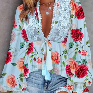 Floral Print Frill Hem Lantern Sleeve Top, Blouses & Shirts, chicme - Women's Fashion Online