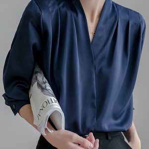 V Neck Long Sleeve Plain Regular Loose Blouse For Women, Blouses, color:Navyblue|size:XL, Noracora