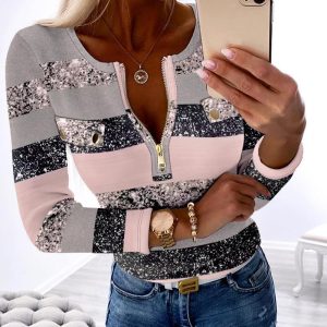 Striped Colorblock Round Neck Zipper Design Top, T-shirt & Tees, chicme - Women's Fashion Online