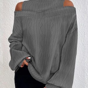 Lantern Sleeve Cold Shoulder Cable Textured Top, T-shirt & Tees, chicme - Women's Fashion Online