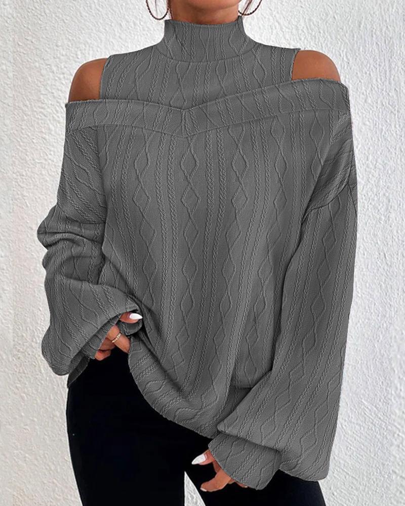 Lantern Sleeve Cold Shoulder Cable Textured Top, T-shirt & Tees, chicme - Women's Fashion Online