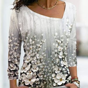 Asymmetrical Neck Casual Floral Printed T-Shirt, T-shirts, color:As Picture|size:3XL, Noracora