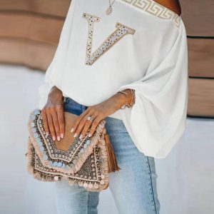 Rhinestone Embroidery Letter Lantern Sleeve Top, Blouses & Shirts, chicme - Women's Fashion Online