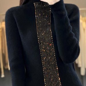 Women Wool/Knitting Plain Long Sleeve Comfy Casual Hot Drilling Sweater, Sweaters, color:Black|size:XXL, Noracora