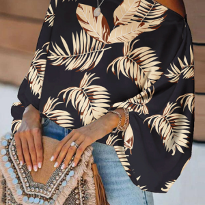 One Shoulder Long Sleeve Leaf Regular Micro-Elasticity Loose Shirt For Women, Blouses, color:Black|size:XL, Noracora