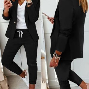 2 Pieces Outfit Shawl Collar Single Breasted Pockets Design Blazer Coat and Drawstring Elastic Waist Slim Fit Pants Set, women blazer set, ChicMe catalog