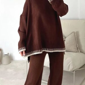 Women Plain Crew Neck Long Sleeve Comfy Casual Top With Pants Two-Piece Set, Sets, color:Deep Brown|size:XXL, Noracora