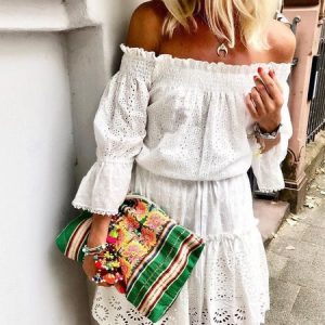 Ruffled 3/4 Sleeve Off Shoulder Cold Shoulder Dress, Short, color:White|size:3XL, catalog Noracora shop
