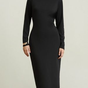 Stylewe Black Daily Long sleeve Regular Fit Boat Neck Dress, Maxi Dresses, color:Black|size:XS, Stylewe