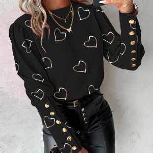 Heart Print Buttoned Long Sleeve Top, Blouses & Shirts, chicme - Women's Fashion Online