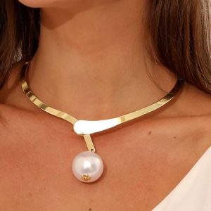 Elegant Imitation Pearl Torque Metal Choker Necklace, Necklaces, color:Color2|size:One-size, Stylewe