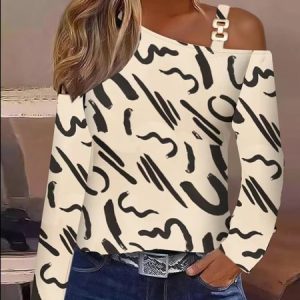 One Shoulder Long Sleeve Abstract Regular Medium Elasticity Regular Fit Shirt For Women, Blouses, color:Stripe|size:XXL, Noracora