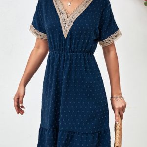 Women Polka Dots V Neck Short Sleeve Comfy Casual Short Dress, Short, color:Purplish blue|size:XL, Noracora