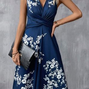Women Floral V Neck Sleeveless Comfy Casual Midi Dress, Dresses, color:Purplish blue|size:XXL, Noracora